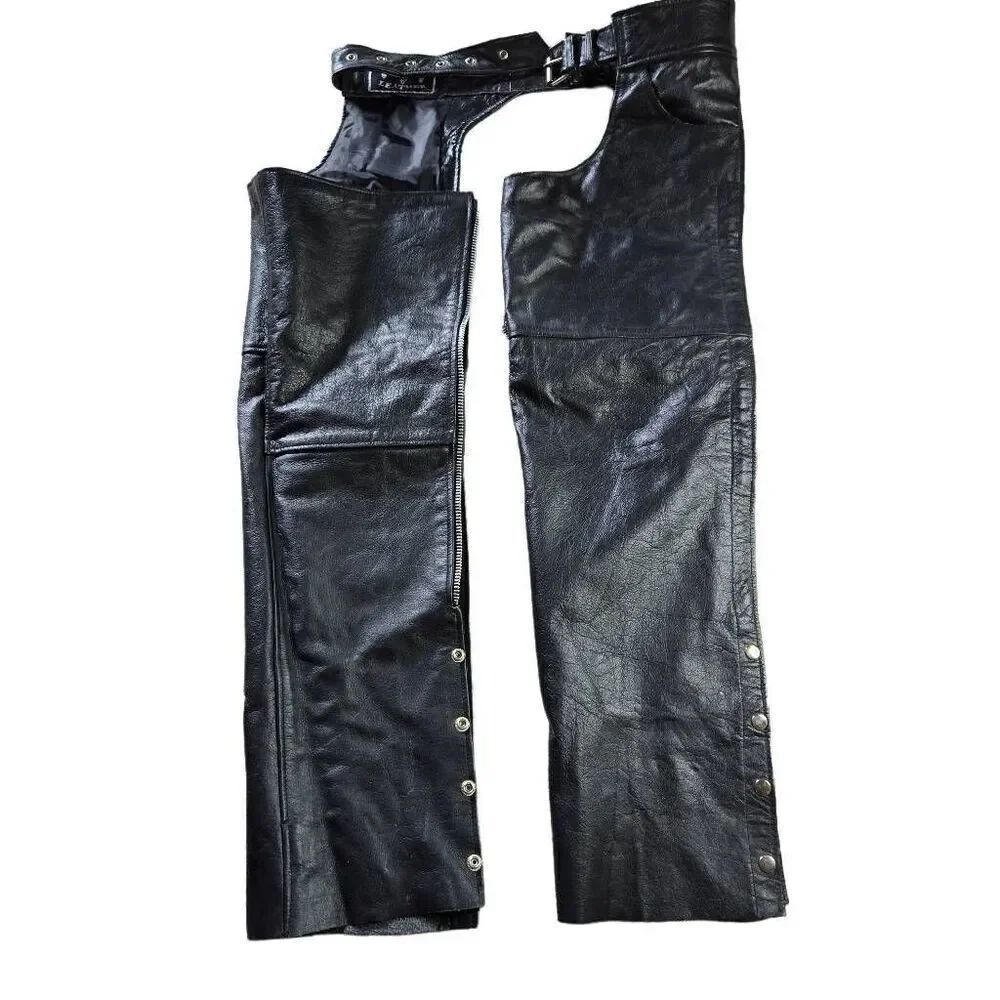 Barney's Leather Motorcycle Riding Chaps Pants Braided Lined Black Adult Medium